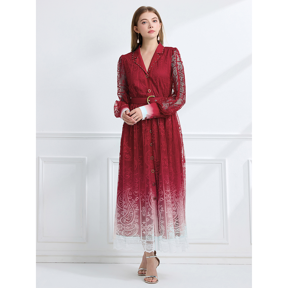 Long lapel autumn pinched waist vacation printing dress