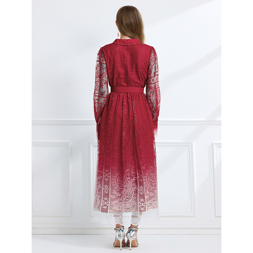Long lapel autumn pinched waist vacation printing dress