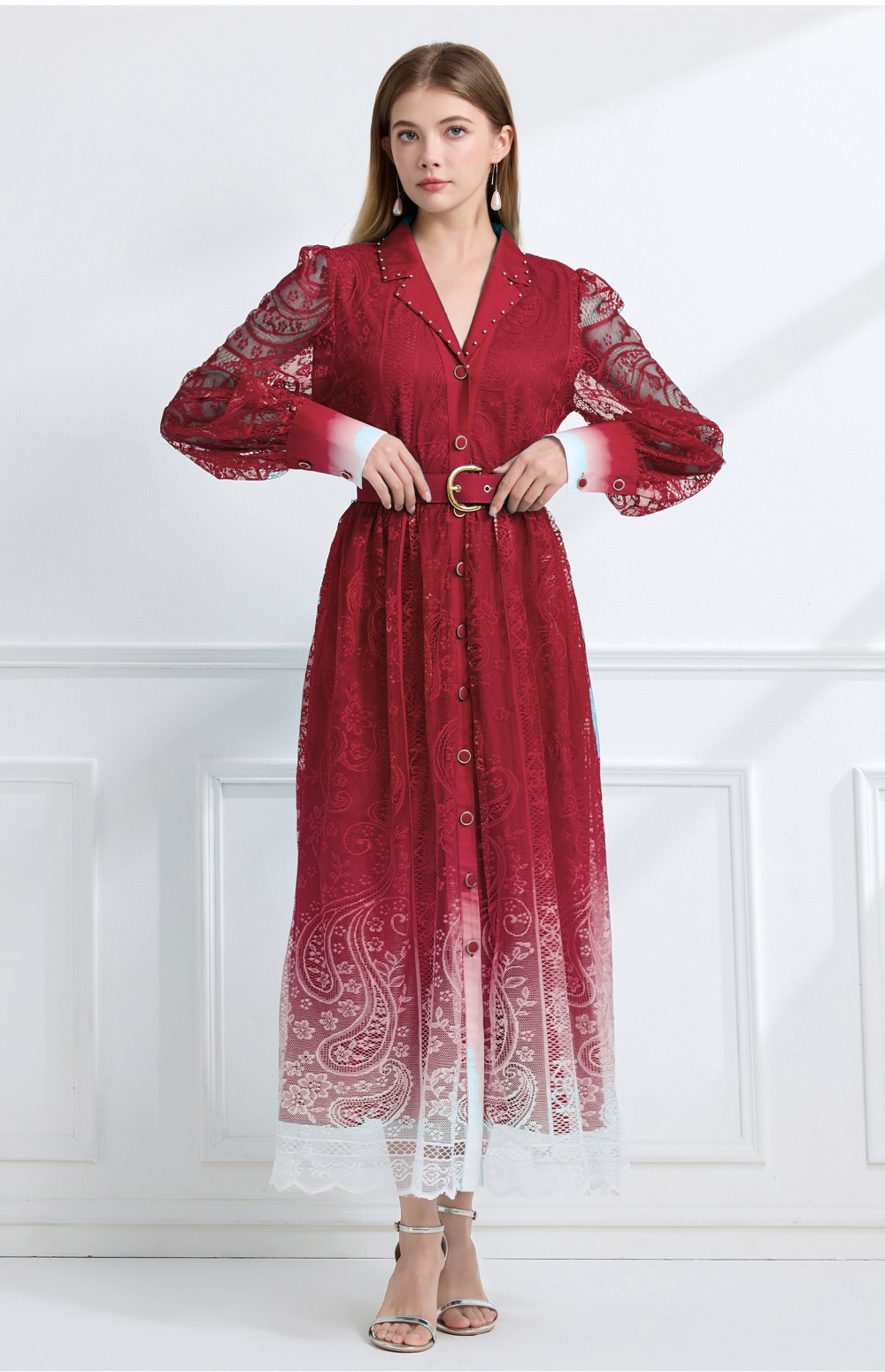Long lapel autumn pinched waist vacation printing dress