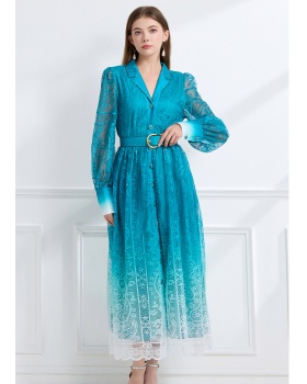 Lapel autumn printing long pinched waist vacation dress