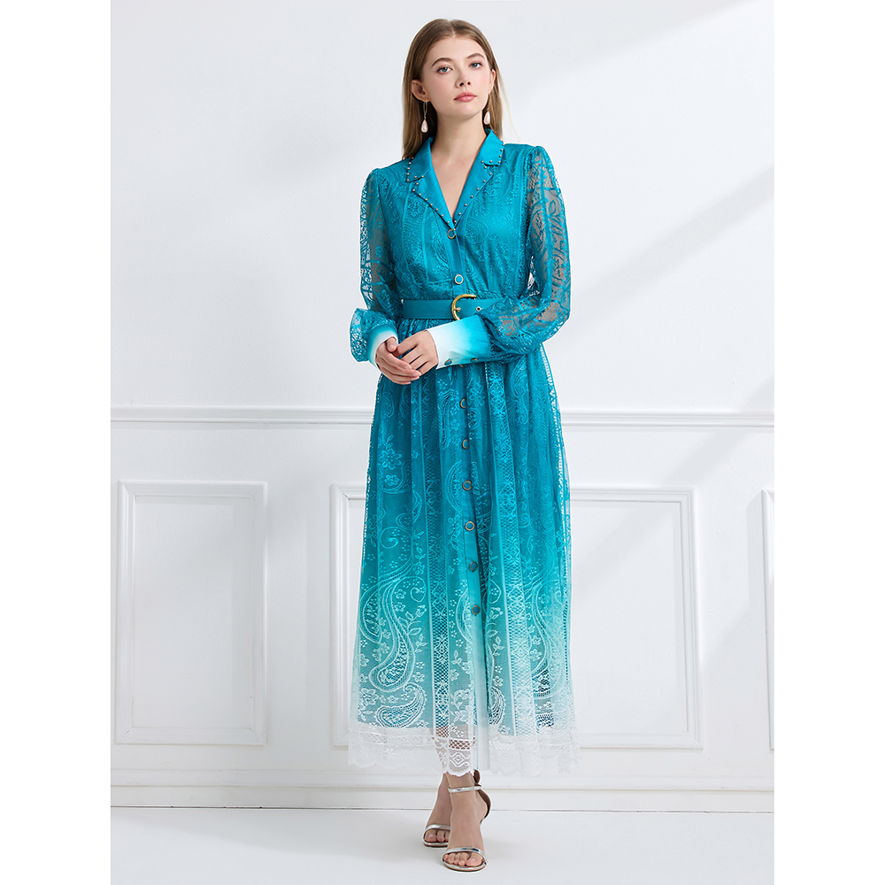 Lapel autumn printing long pinched waist vacation dress