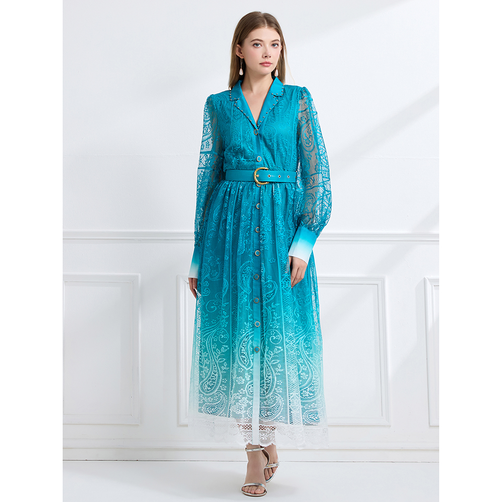 Lapel autumn printing long pinched waist vacation dress