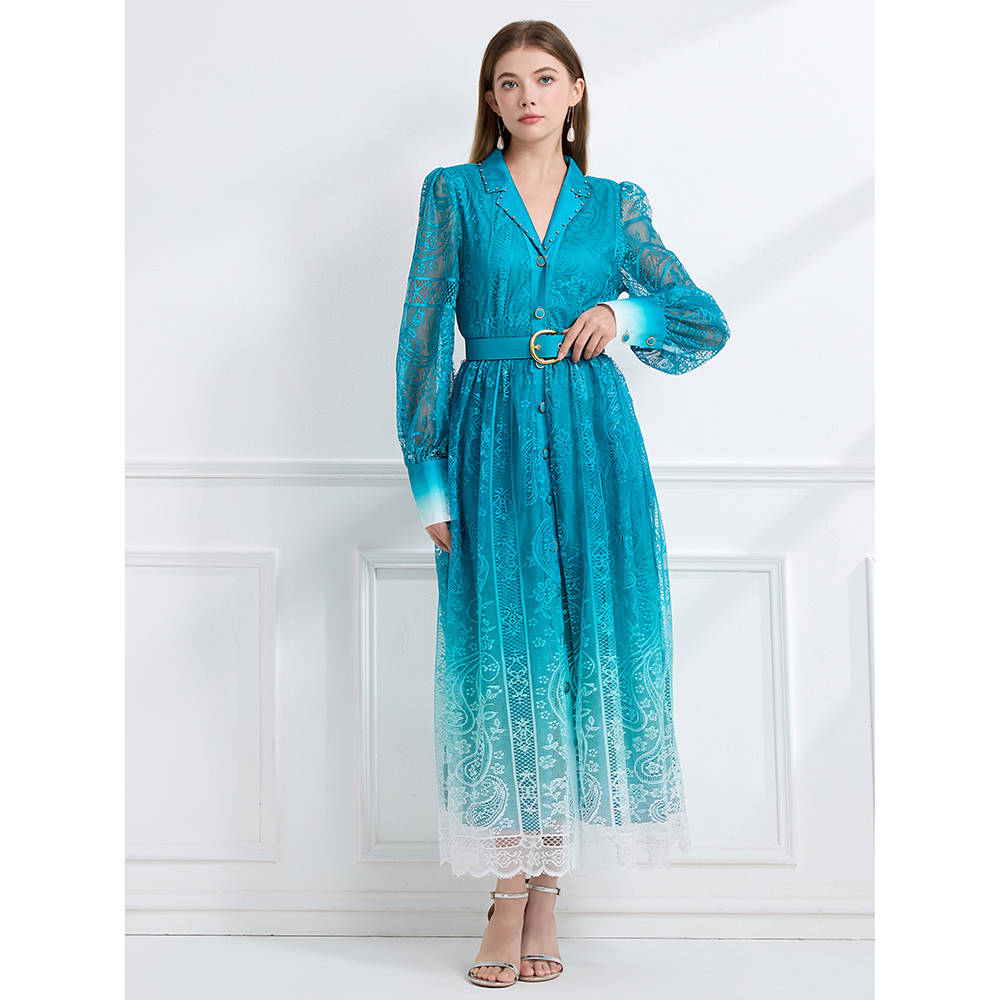 Lapel autumn printing long pinched waist vacation dress