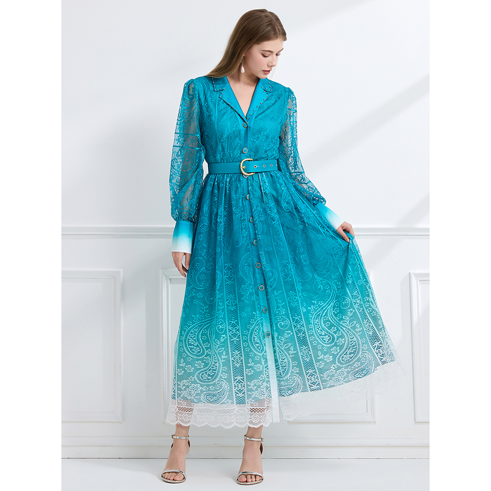 Lapel autumn printing long pinched waist vacation dress
