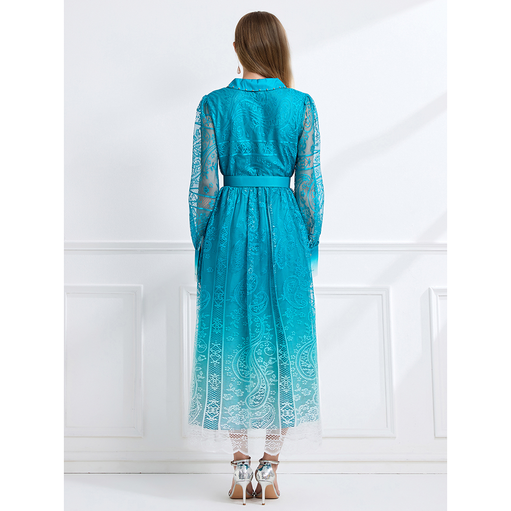 Lapel autumn printing long pinched waist vacation dress