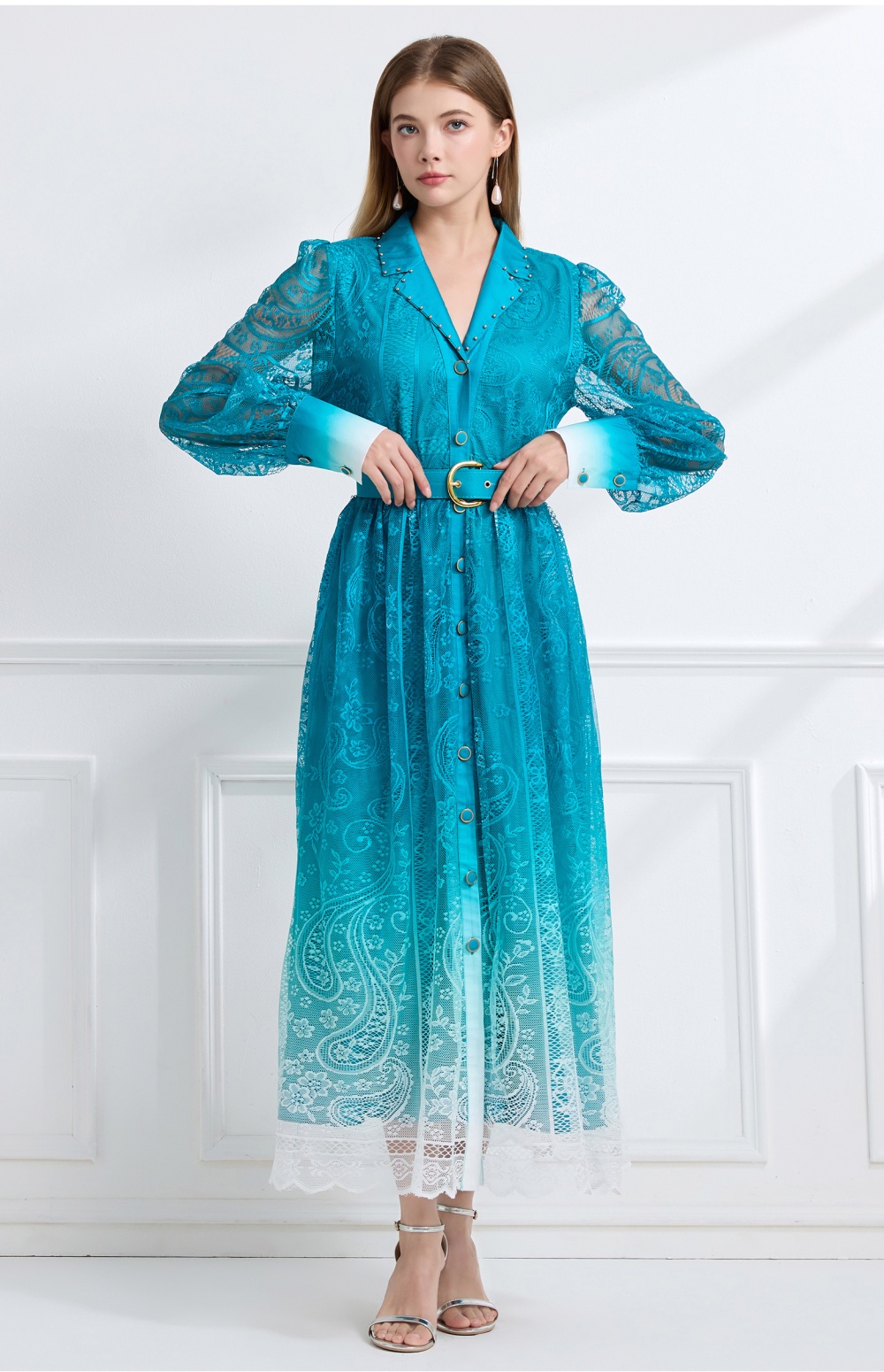 Lapel autumn printing long pinched waist vacation dress