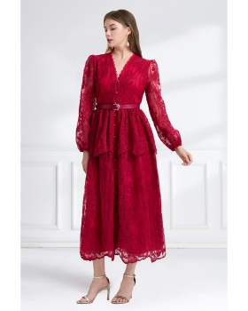 Pinched waist autumn double long cake V-neck dress