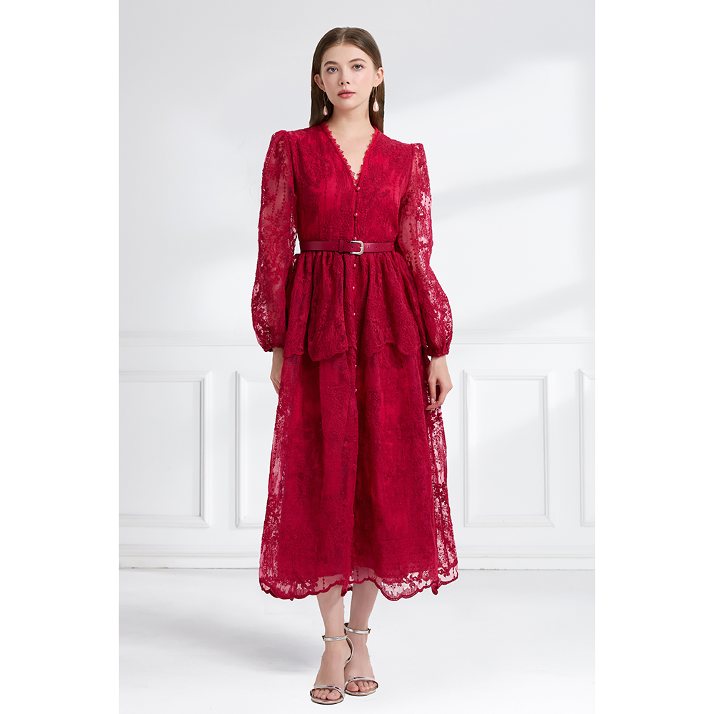 Pinched waist autumn double long cake V-neck dress