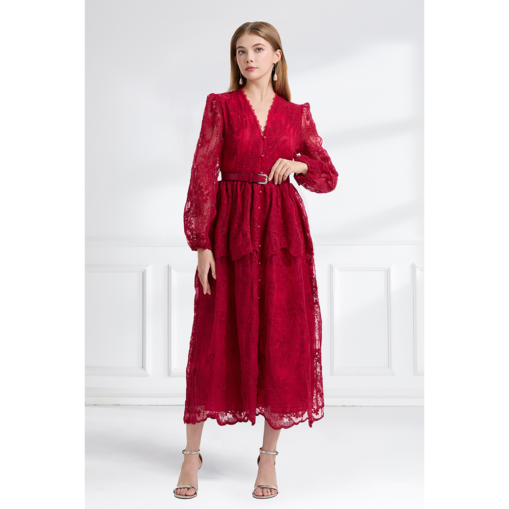 Pinched waist autumn double long cake V-neck dress