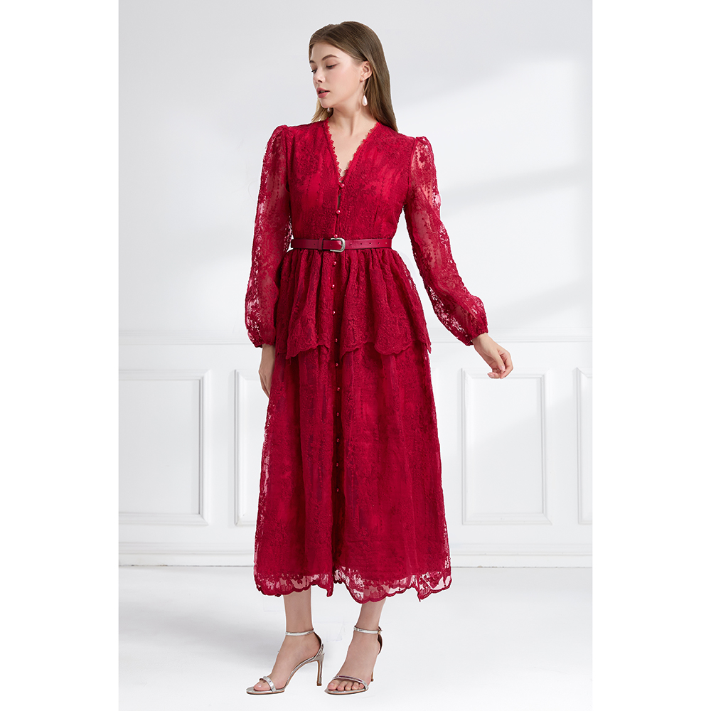 Pinched waist autumn double long cake V-neck dress