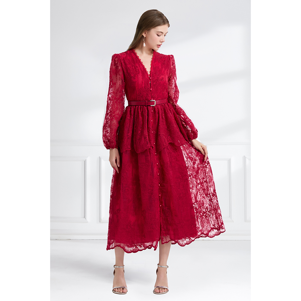 Pinched waist autumn double long cake V-neck dress