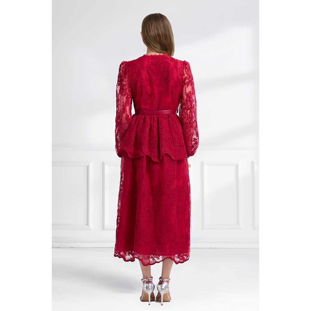 Pinched waist autumn double long cake V-neck dress