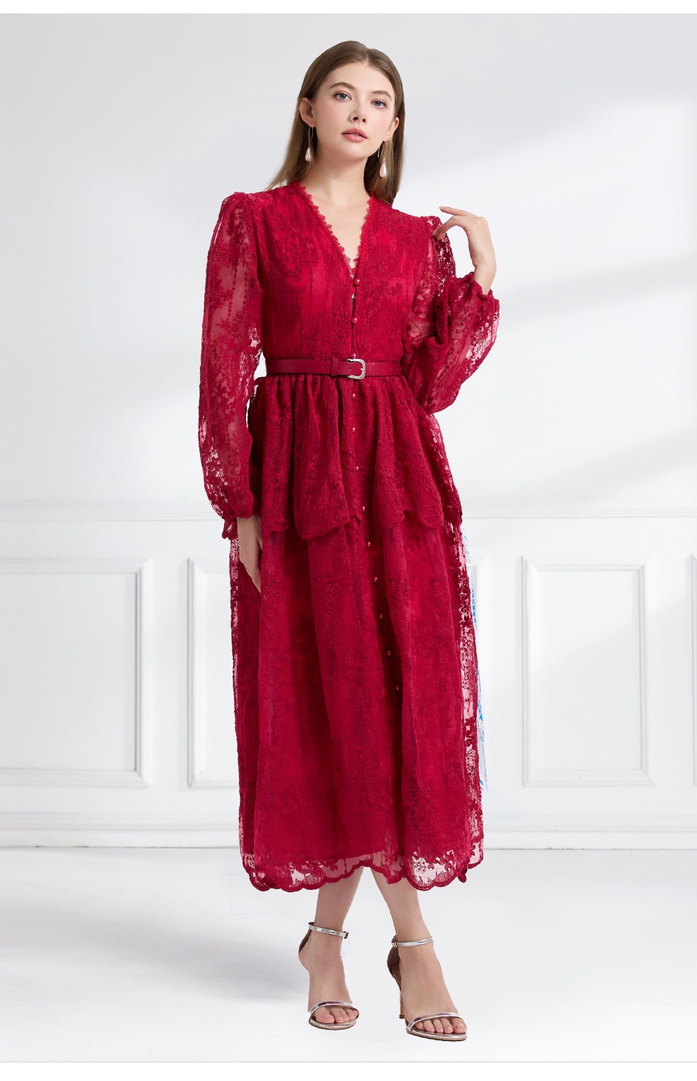 Pinched waist autumn double long cake V-neck dress