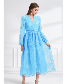 Cake long pinched waist lace double autumn V-neck dress
