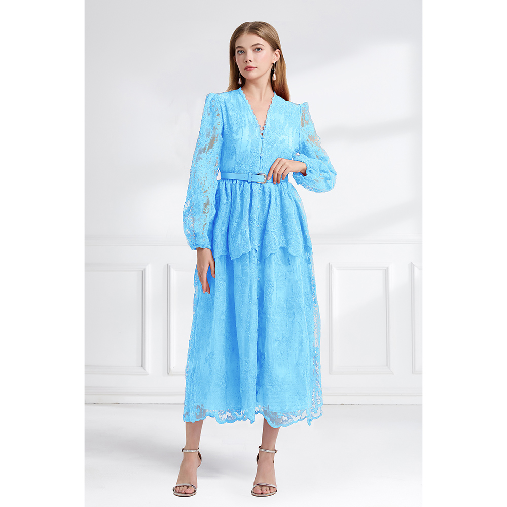 Cake long pinched waist lace double autumn V-neck dress