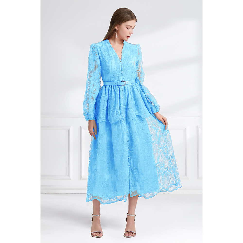 Cake long pinched waist lace double autumn V-neck dress