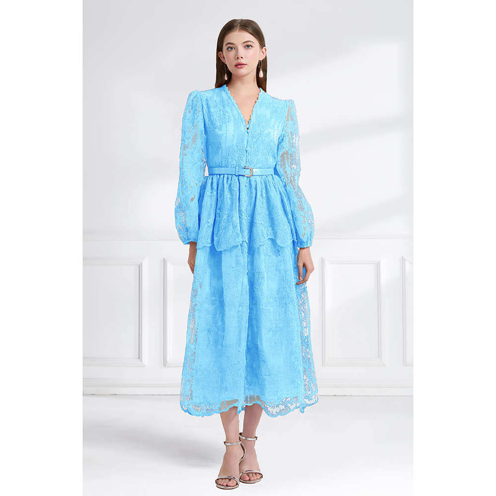 Cake long pinched waist lace double autumn V-neck dress