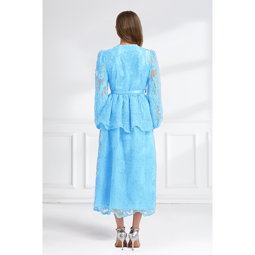 Cake long pinched waist lace double autumn V-neck dress