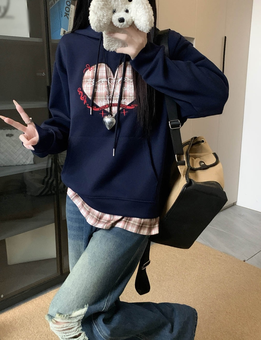 Large yard letters hoodie Pseudo-two embroidery coat for women