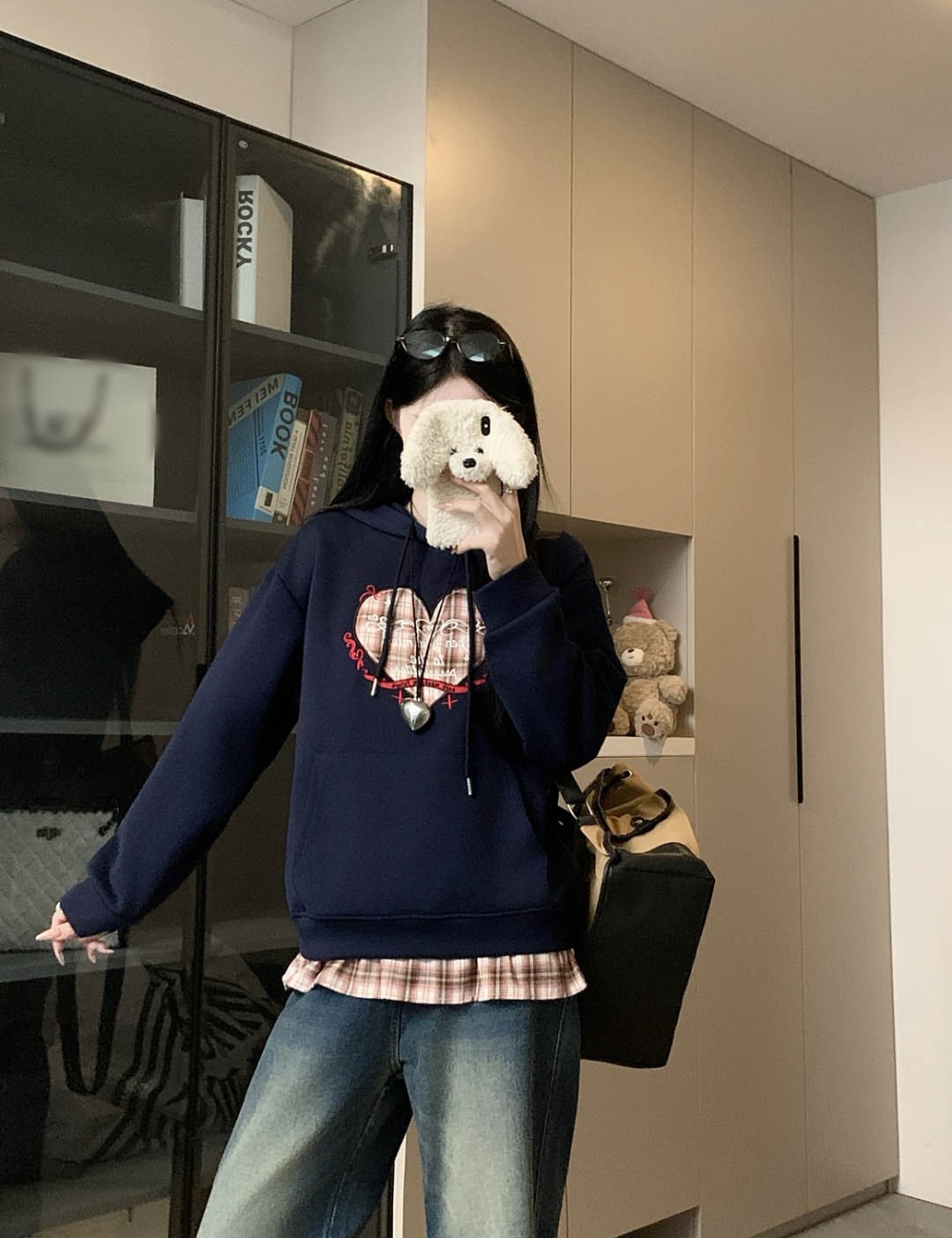 Large yard letters hoodie Pseudo-two embroidery coat for women