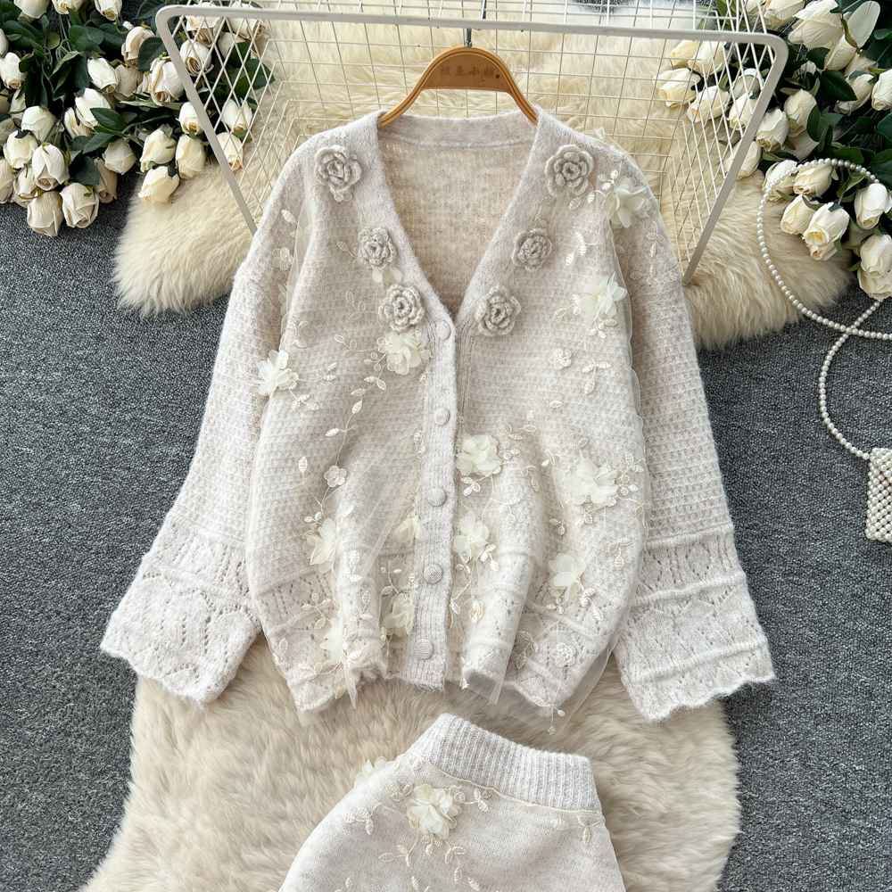 Korean style skirt stereoscopic cardigan 2pcs set for women