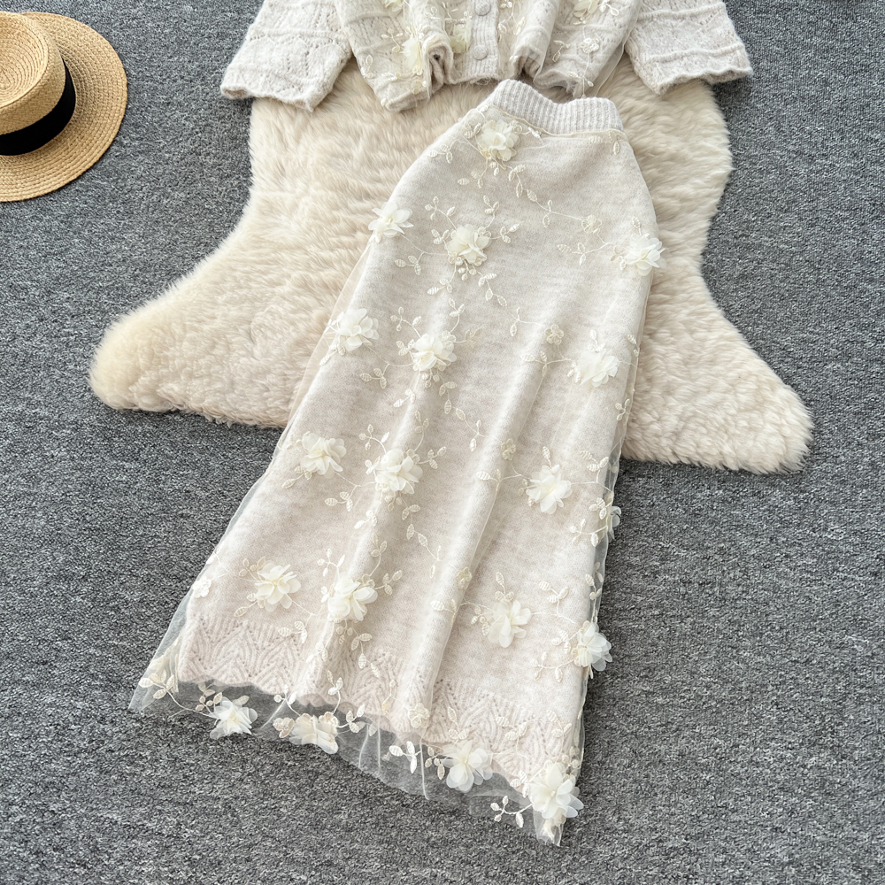Korean style skirt stereoscopic cardigan 2pcs set for women