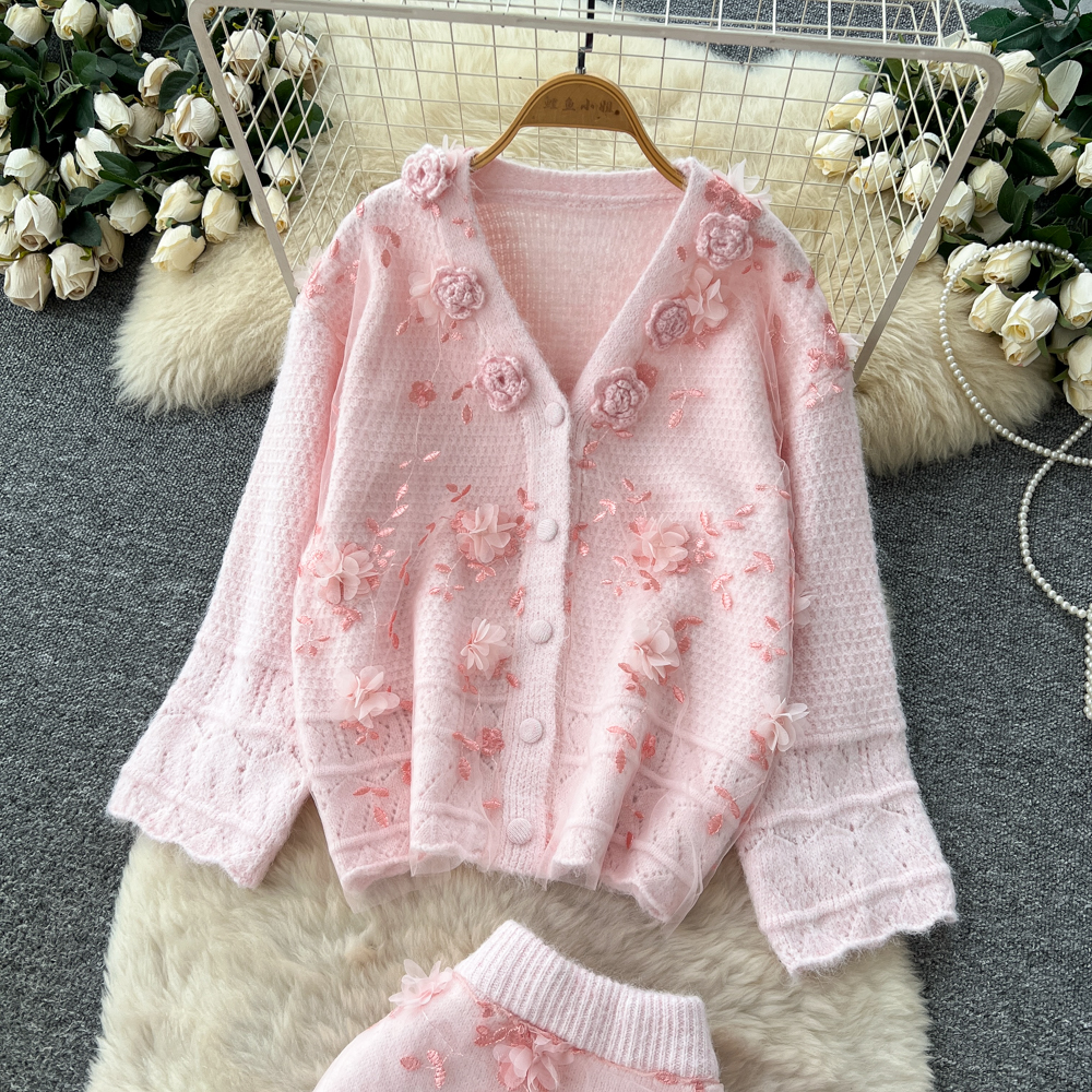 Korean style skirt stereoscopic cardigan 2pcs set for women