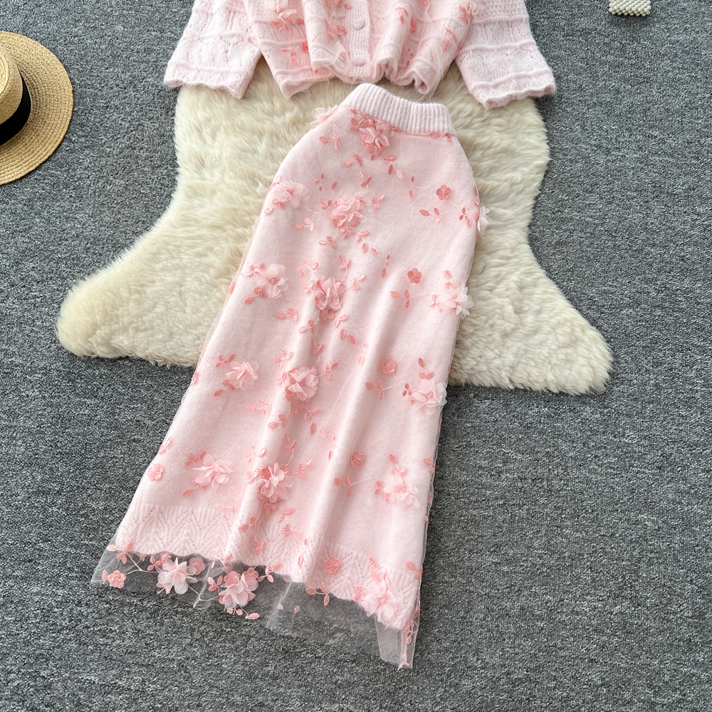 Korean style skirt stereoscopic cardigan 2pcs set for women