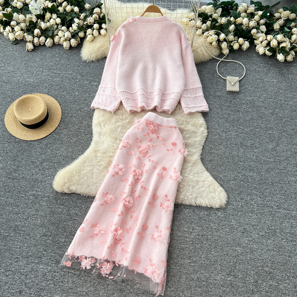 Korean style skirt stereoscopic cardigan 2pcs set for women