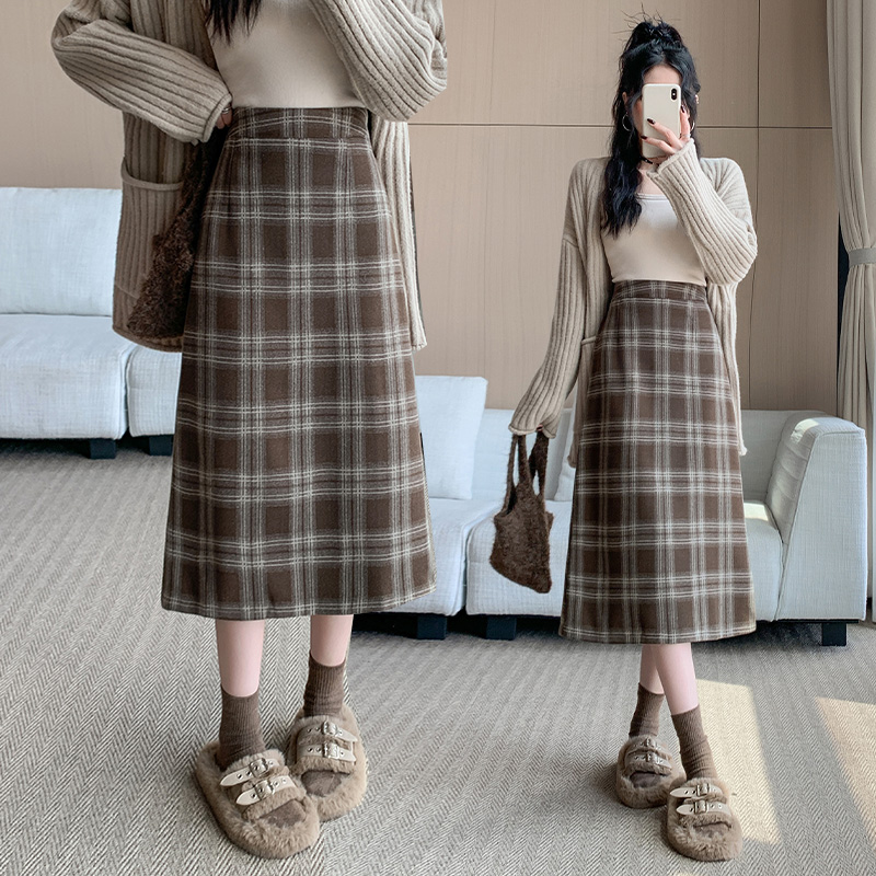Thick fat woolen skirt long high waist long skirt
