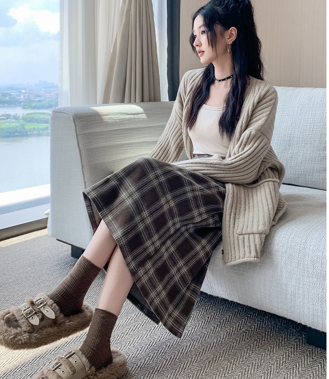 Thick fat woolen skirt long high waist long skirt
