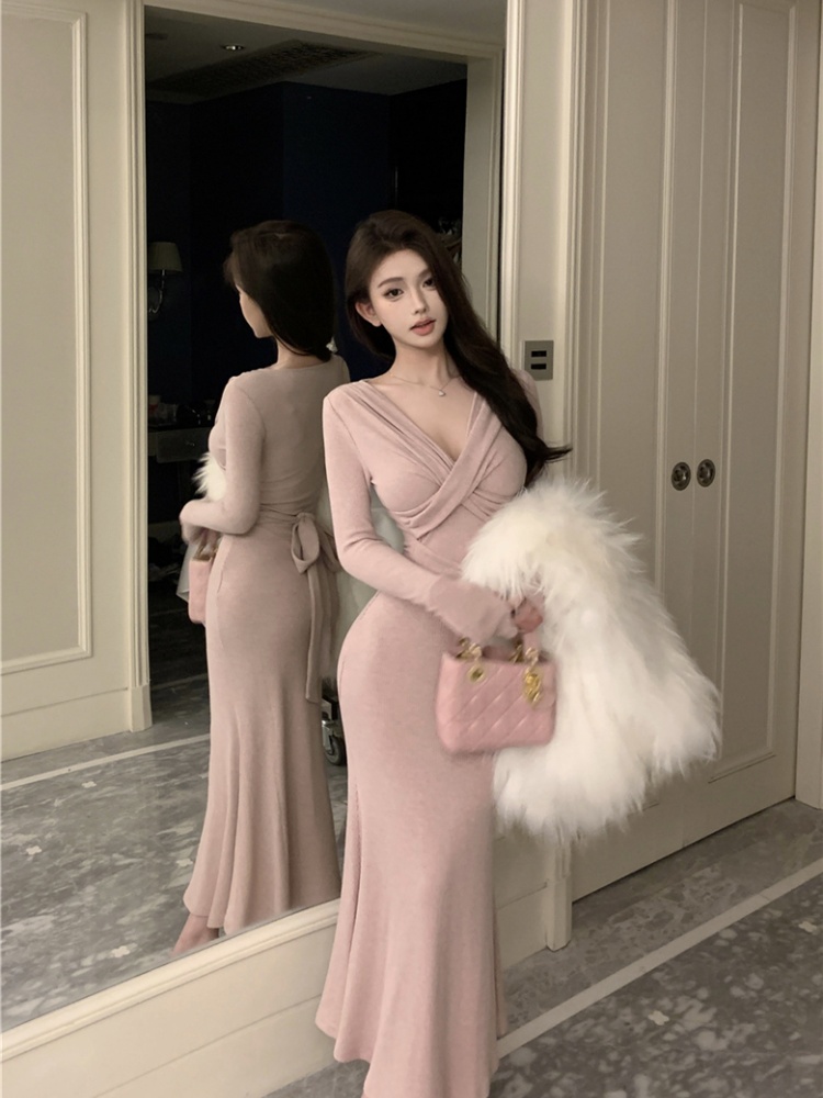 V-neck long dress autumn and winter dress for women
