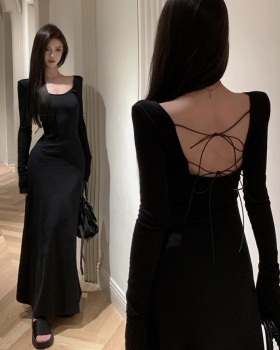 U-neck bandage pinched waist autumn long sleeve slim dress