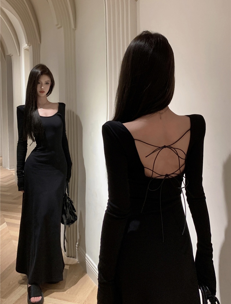 U-neck bandage pinched waist autumn long sleeve slim dress