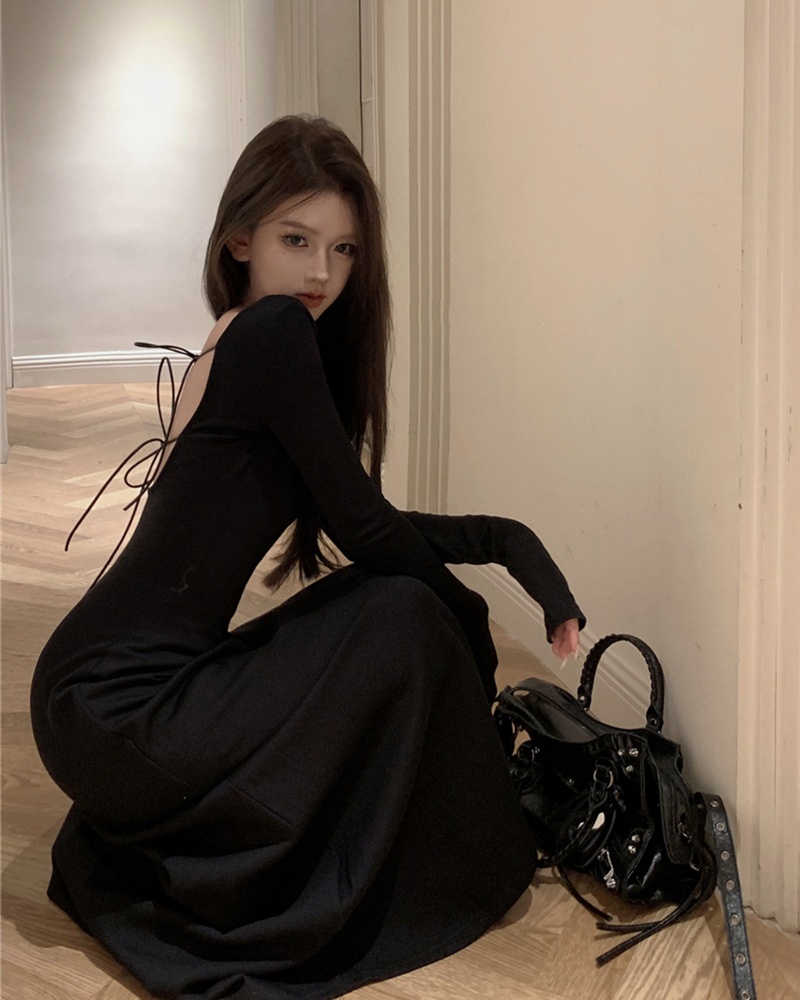 U-neck bandage pinched waist autumn long sleeve slim dress