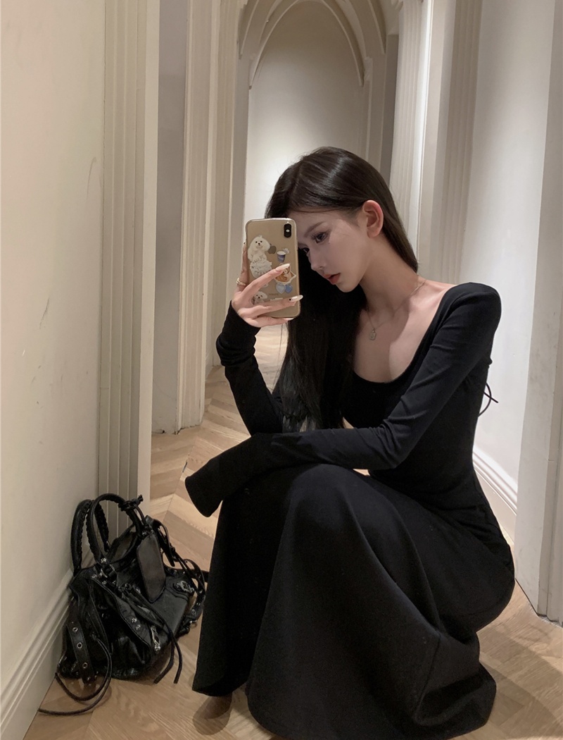 U-neck bandage pinched waist autumn long sleeve slim dress