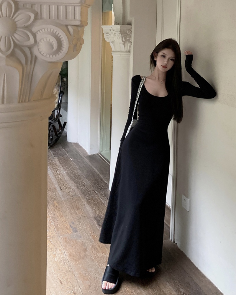 U-neck bandage pinched waist autumn long sleeve slim dress