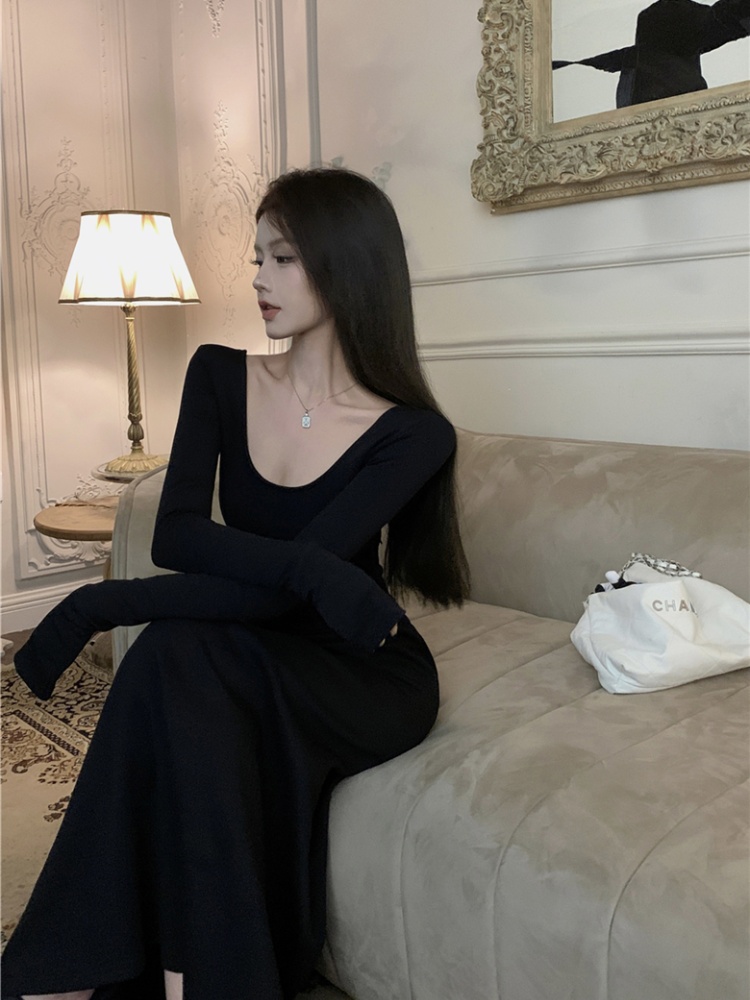U-neck bandage pinched waist autumn long sleeve slim dress