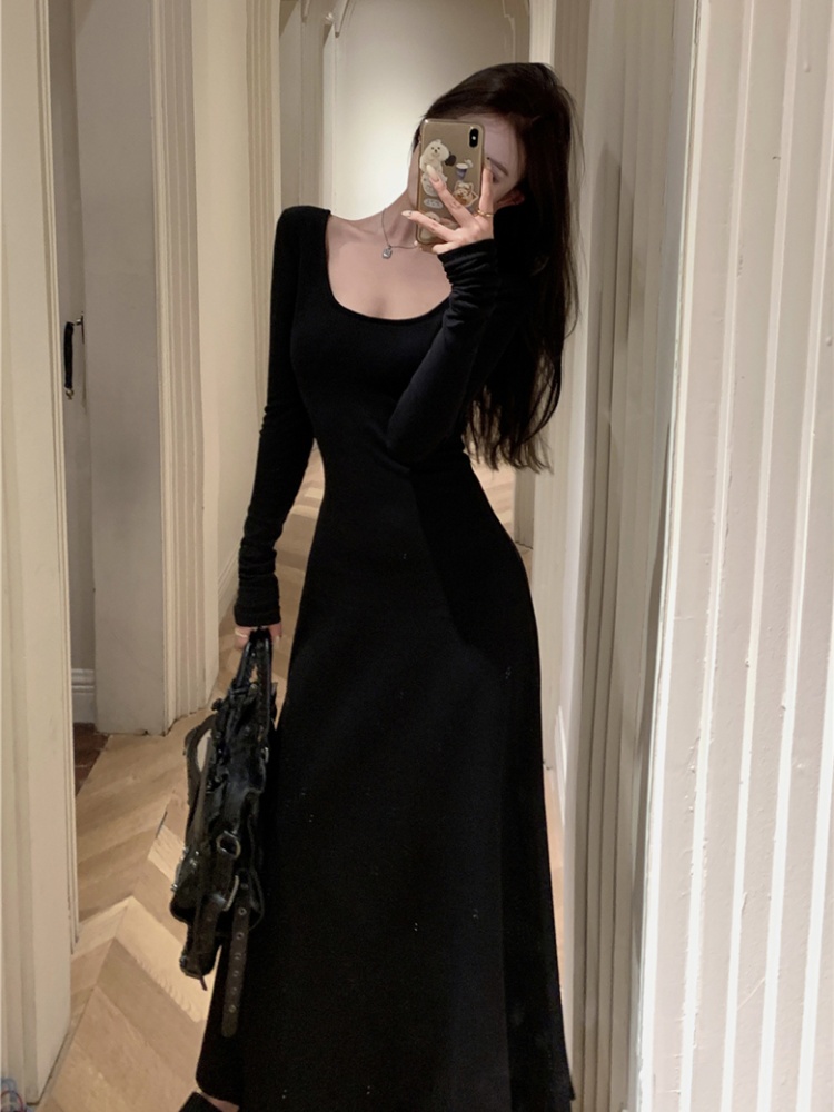 U-neck bandage pinched waist autumn long sleeve slim dress