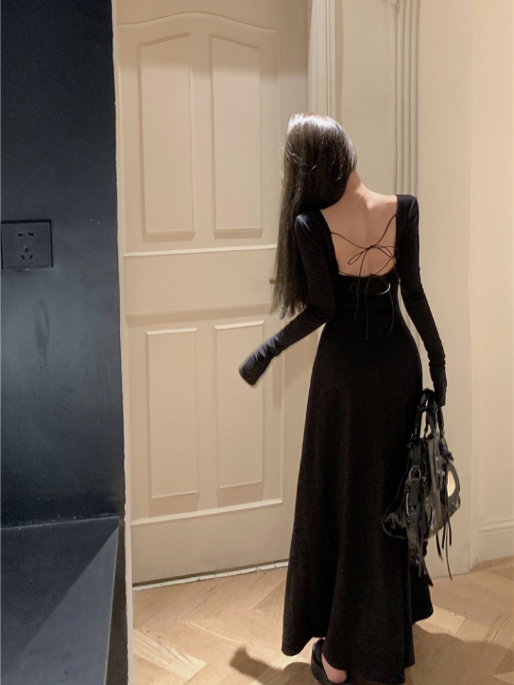 U-neck bandage pinched waist autumn long sleeve slim dress