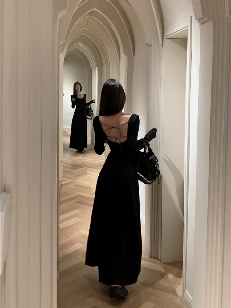 U-neck bandage pinched waist autumn long sleeve slim dress