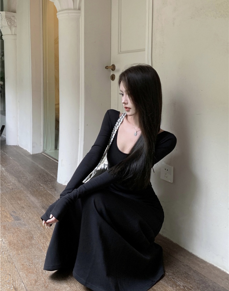 U-neck bandage pinched waist autumn long sleeve slim dress