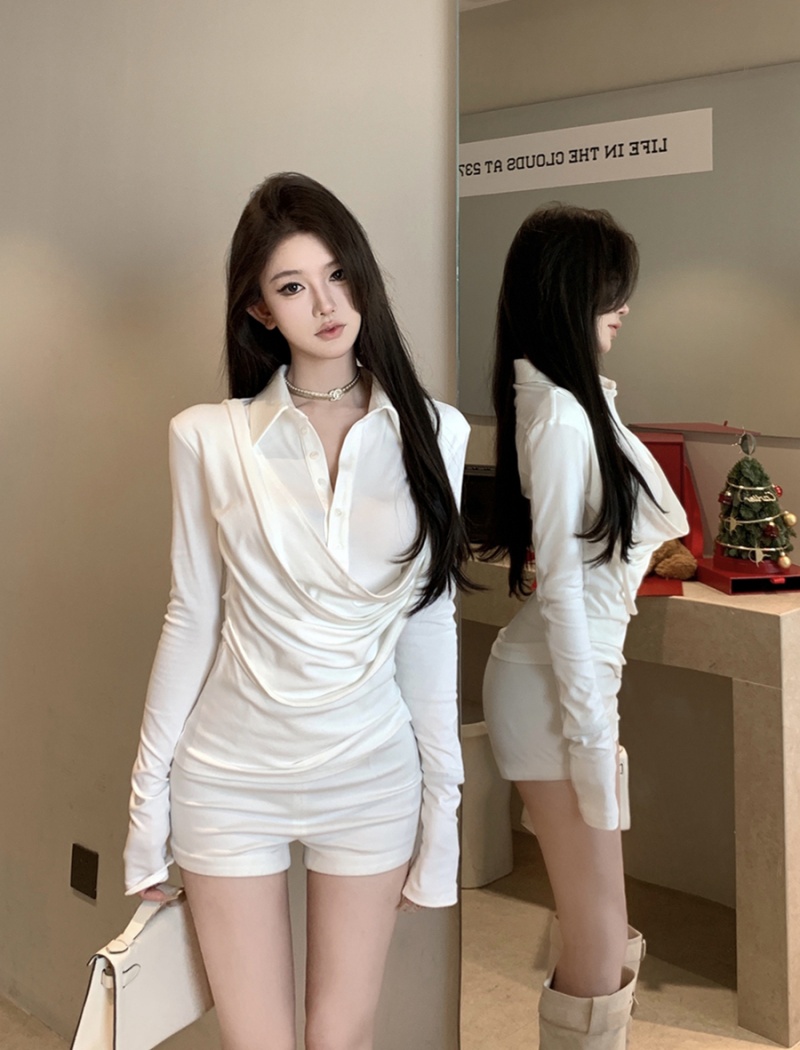 Long sleeve Pseudo-two shirt sexy slim tops for women
