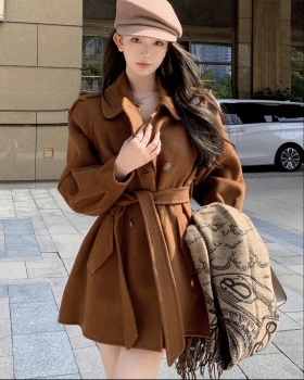 Pinched waist woolen coat retro overcoat for women