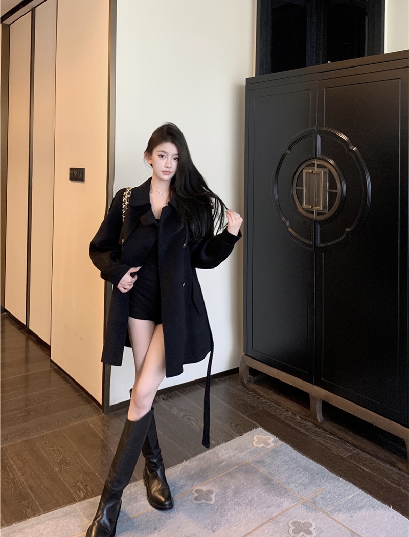 Pinched waist woolen coat retro overcoat for women