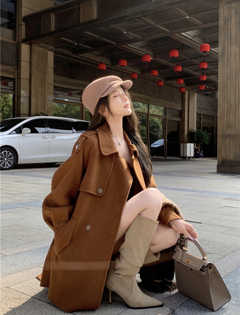 Pinched waist woolen coat retro overcoat for women