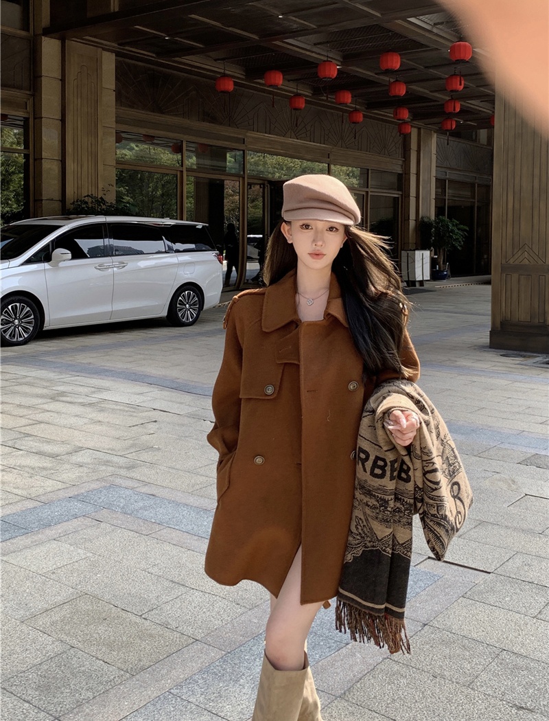 Pinched waist woolen coat retro overcoat for women