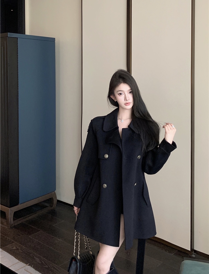 Pinched waist woolen coat retro overcoat for women