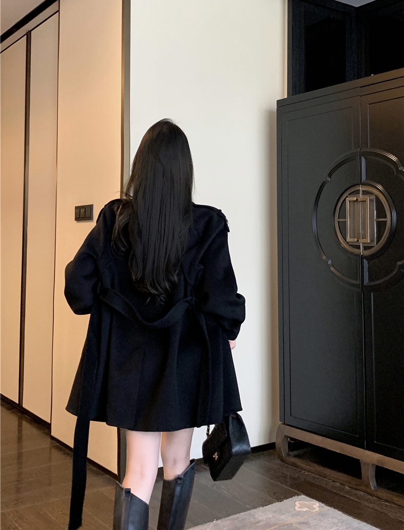 Pinched waist woolen coat retro overcoat for women