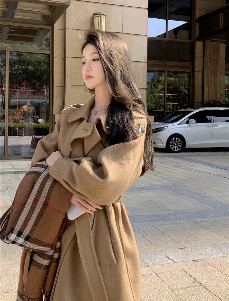 Pinched waist woolen coat retro overcoat for women